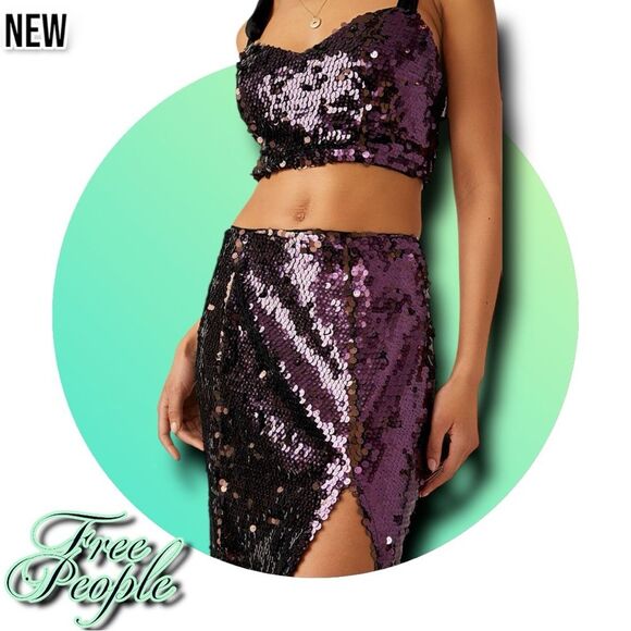 New NWT Free People Star Bright Sequin Two-Piece Crop Top & Midi Skirt - sz4 - Picture 3 of 5
